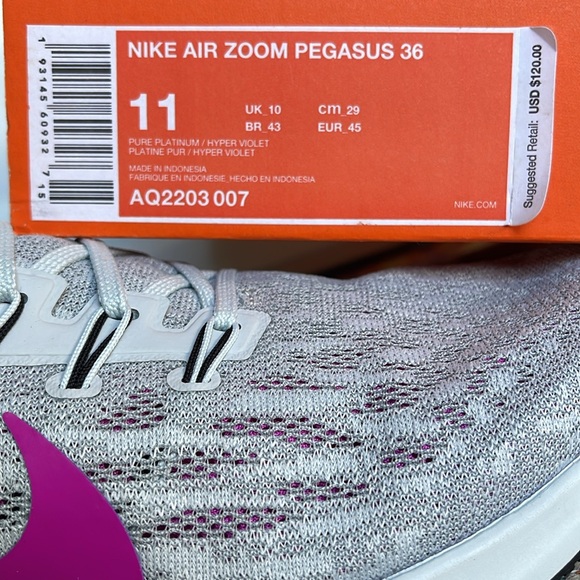 NIKE Men’s AIR ZOOM PEGASUS 36
PURE PLATINUM / HYPER VIOLET
Sneakers Athletic - Picture 16 of 16